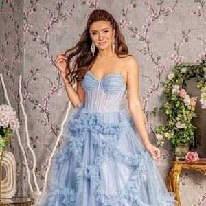 NEW LONG SLEEVELESS STRAPLESS MESH BALL GOWN WITH LAYERED RUFFLED SKIRT GL3455